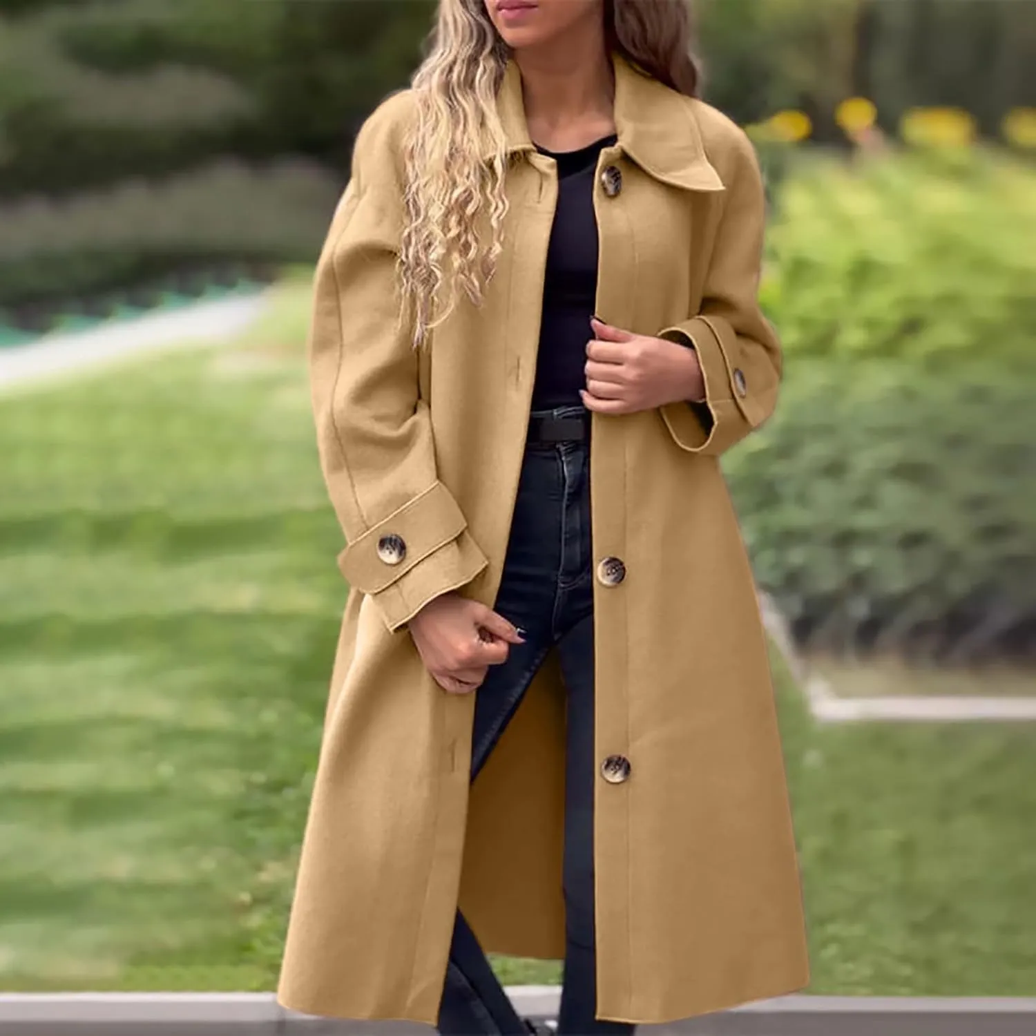 Women's Wool Blend Lapel Collar Double Breasted Coats Winter Pea Overcoat Pocketed Outwear