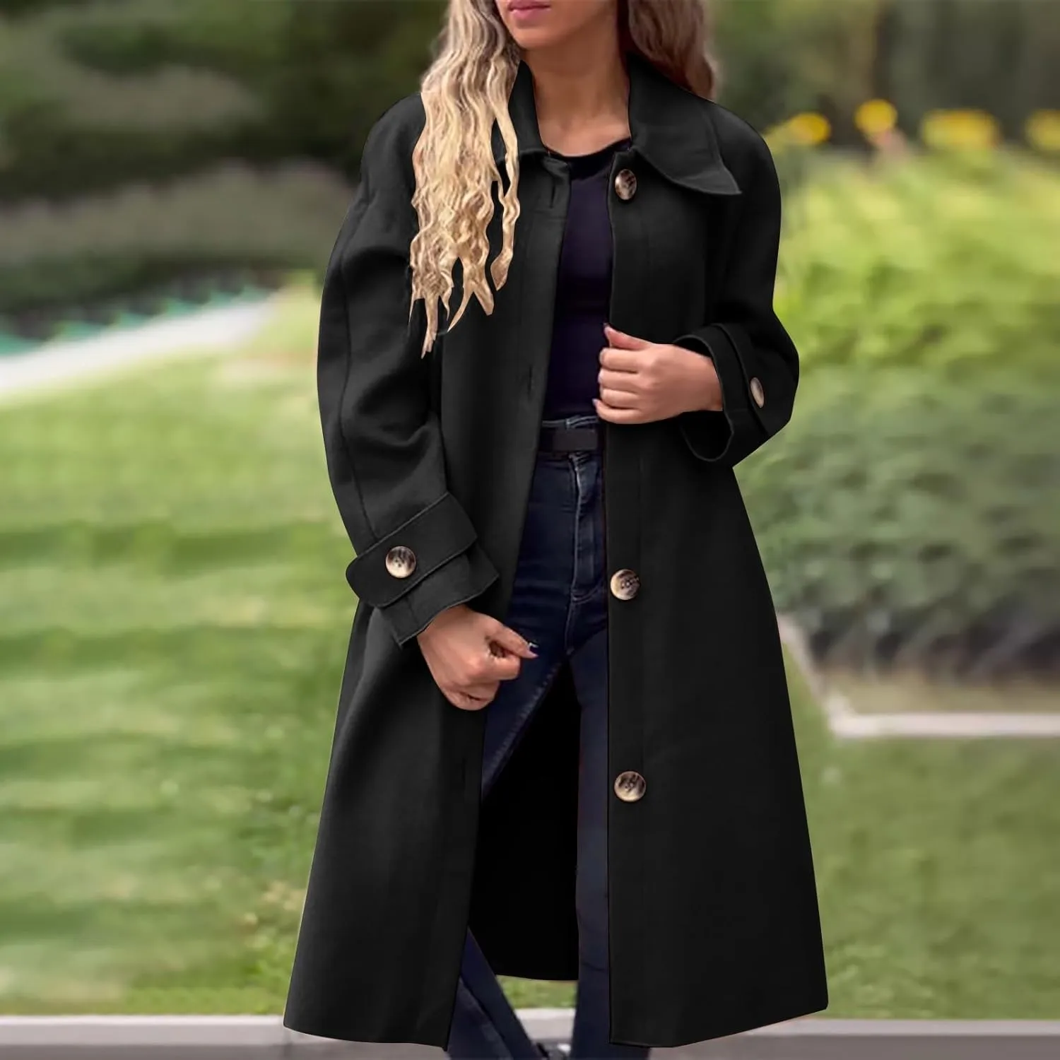 Women's Wool Blend Lapel Collar Double Breasted Coats Winter Pea Overcoat Pocketed Outwear
