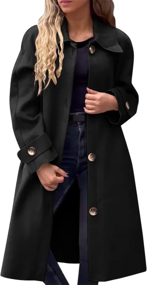Women's Wool Blend Lapel Collar Double Breasted Coats Winter Pea Overcoat Pocketed Outwear