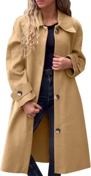 Women's Wool Blend Lapel Collar Double Breasted Coats Winter Pea Overcoat Pocketed Outwear