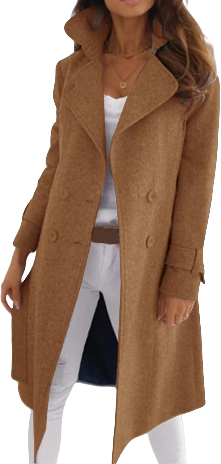 Womens Wool Blend Pea Coat Double Breast Notch Lapel Trench Coat Casual Loose Long Overcoat