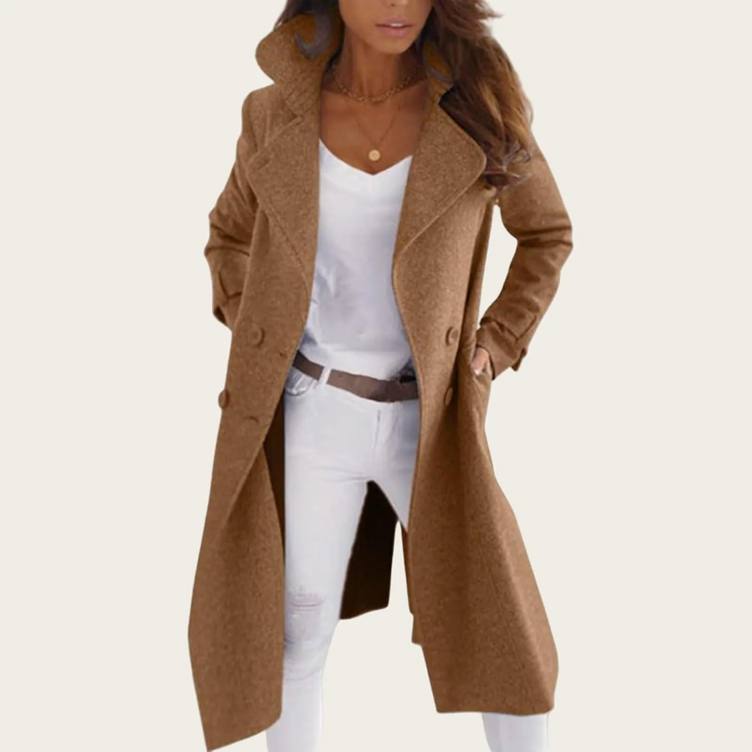 Womens Wool Blend Pea Coat Double Breast Notch Lapel Trench Coat Casual Loose Long Overcoat