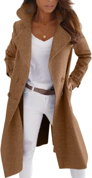 Womens Wool Blend Pea Coat Double Breast Notch Lapel Trench Coat Casual Loose Long Overcoat