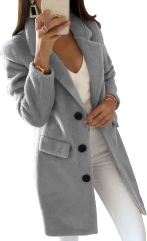 Womens Wool Blend Winter Coats Lapel Single Breasted Pea Coat Thick Warm Trench Coat Solid Color Casual Overcoat