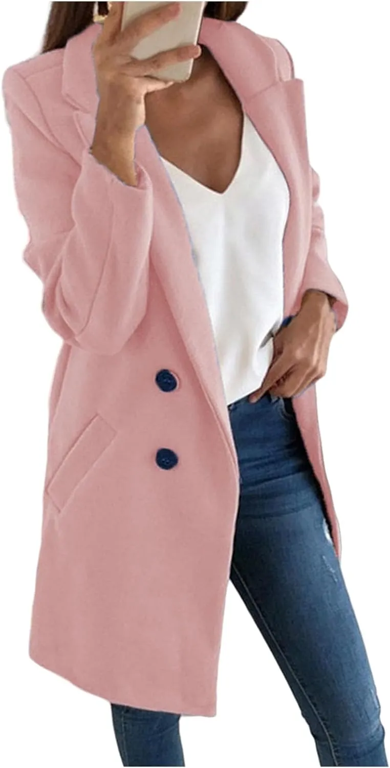 Womens Wool Blend Winter Coats Notch Double-Breasted Lapel Jacket Long Sleeve Mid-Long Coat