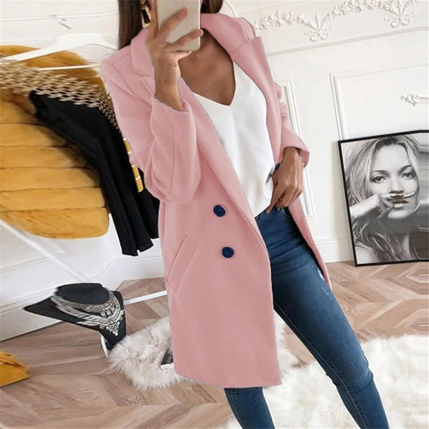 Womens Wool Blend Winter Coats Notch Double-Breasted Lapel Jacket Long Sleeve Mid-Long Coat