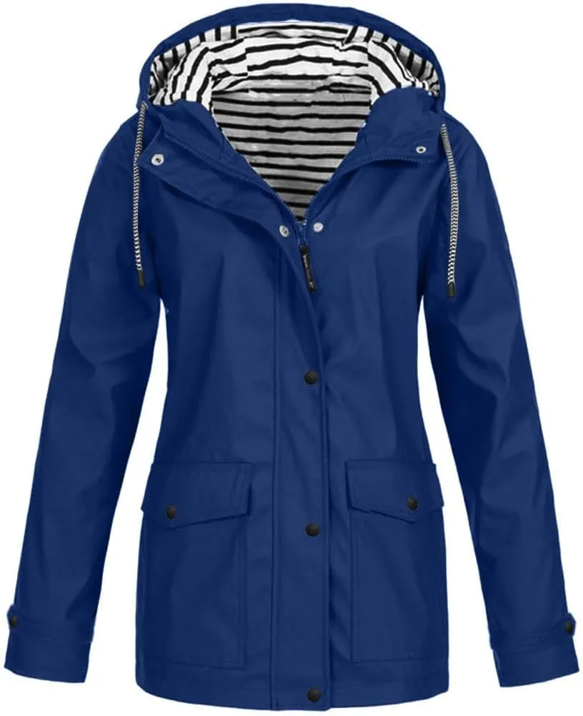 Women'sLong Sleeve Trench Jacket Fashion 2024 Solid With Button Outdoor Raincoat Winter Comfy Hooded Windbreaker