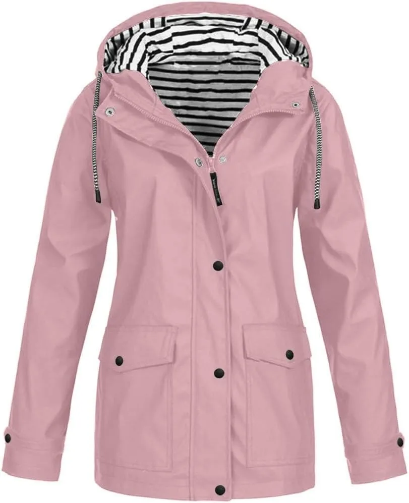 Women'sLong Sleeve Trench Jacket Fashion 2024 Solid With Button Outdoor Raincoat Winter Comfy Hooded Windbreaker