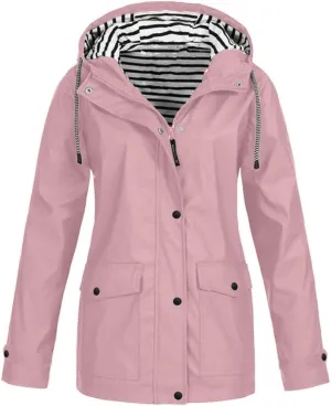 Women'sLong Sleeve Trench Jacket Fashion 2024 Solid With Button Outdoor Raincoat Winter Comfy Hooded Windbreaker