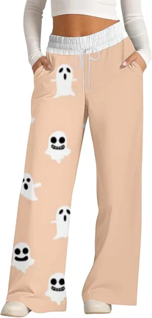 Women'sSweatpants Halloween Printed Overalls Waist Waist Wide Leg Casual Pants Casual Loose Yoga Pants with Pockets