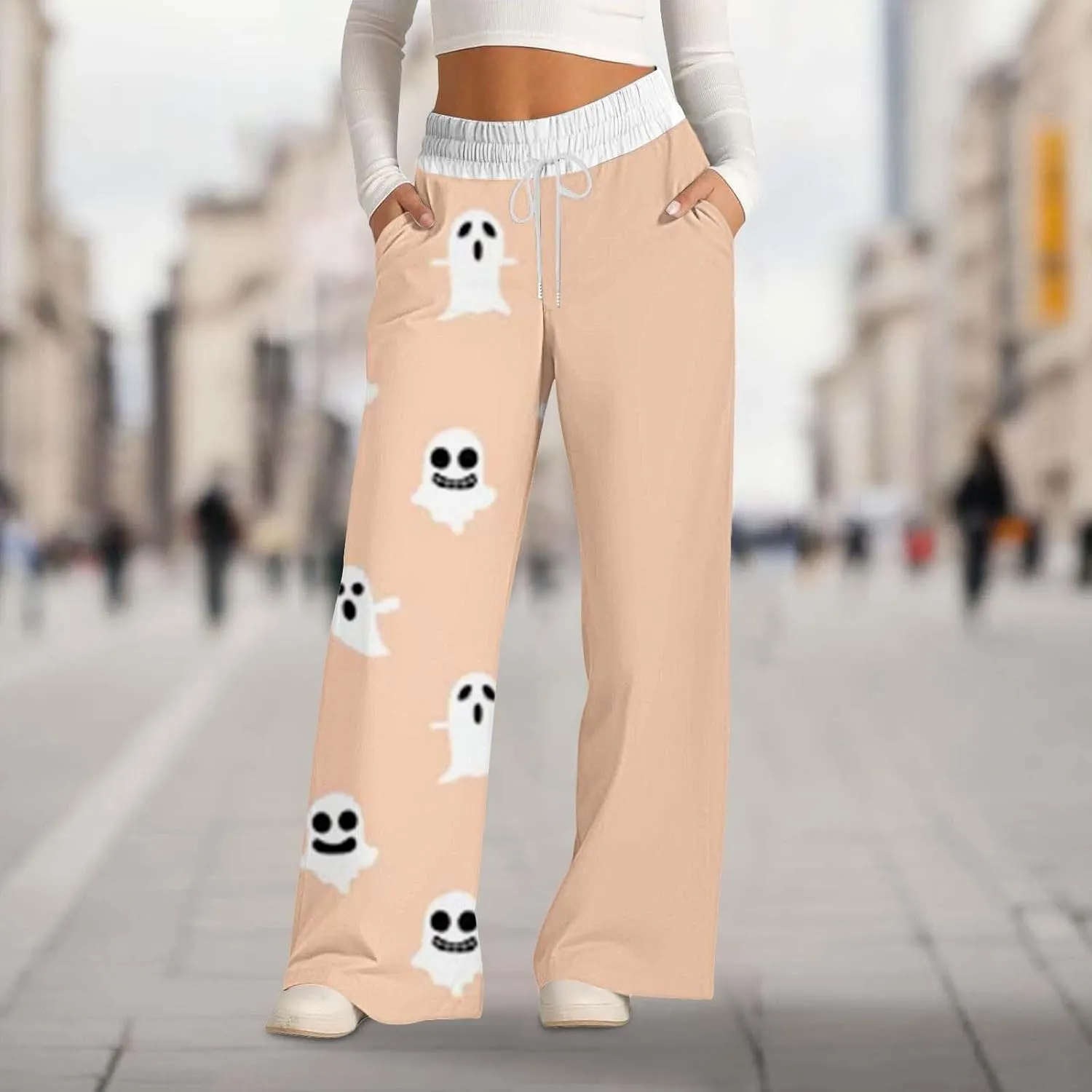 Women'sSweatpants Halloween Printed Overalls Waist Waist Wide Leg Casual Pants Casual Loose Yoga Pants with Pockets