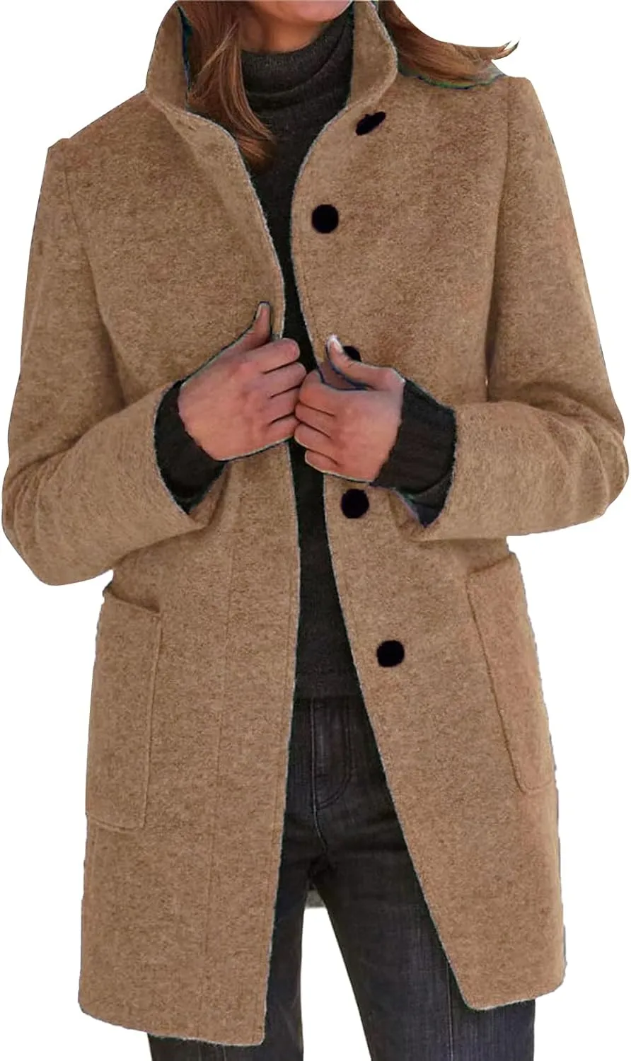 Wool Coats for Women Plus Size Casual Fashion Thicken Stand Collar Single Breasted Winter Jackets with Pockets