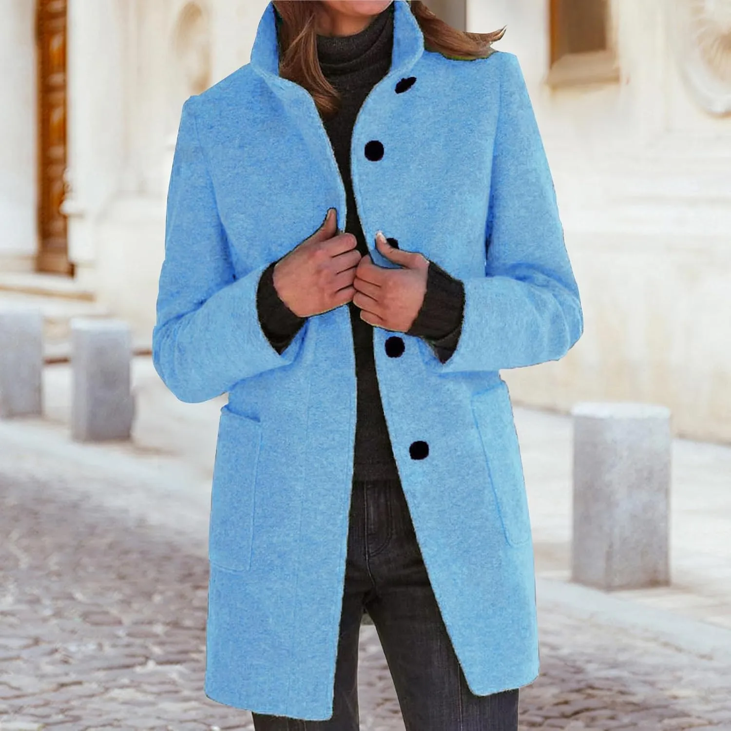 Wool Coats for Women Plus Size Casual Fashion Thicken Stand Collar Single Breasted Winter Jackets with Pockets