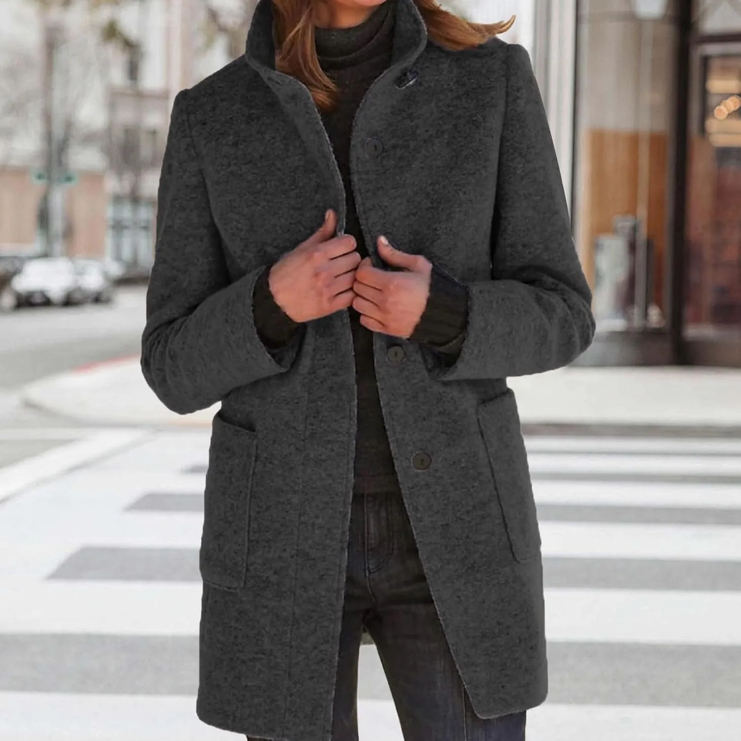 Wool Coats for Women Plus Size Casual Fashion Thicken Stand Collar Single Breasted Winter Jackets with Pockets