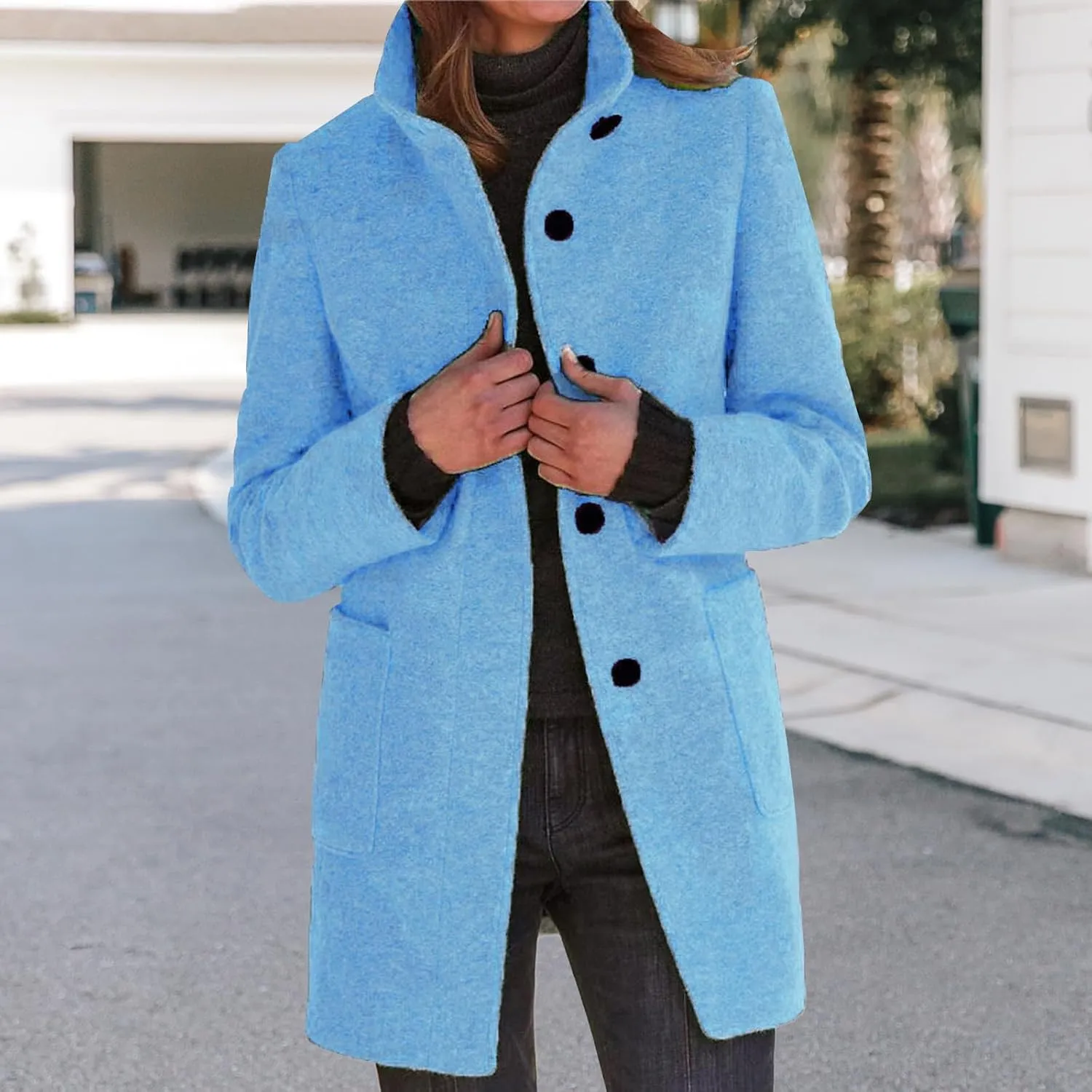 Wool Coats for Women Plus Size Casual Fashion Thicken Stand Collar Single Breasted Winter Jackets with Pockets