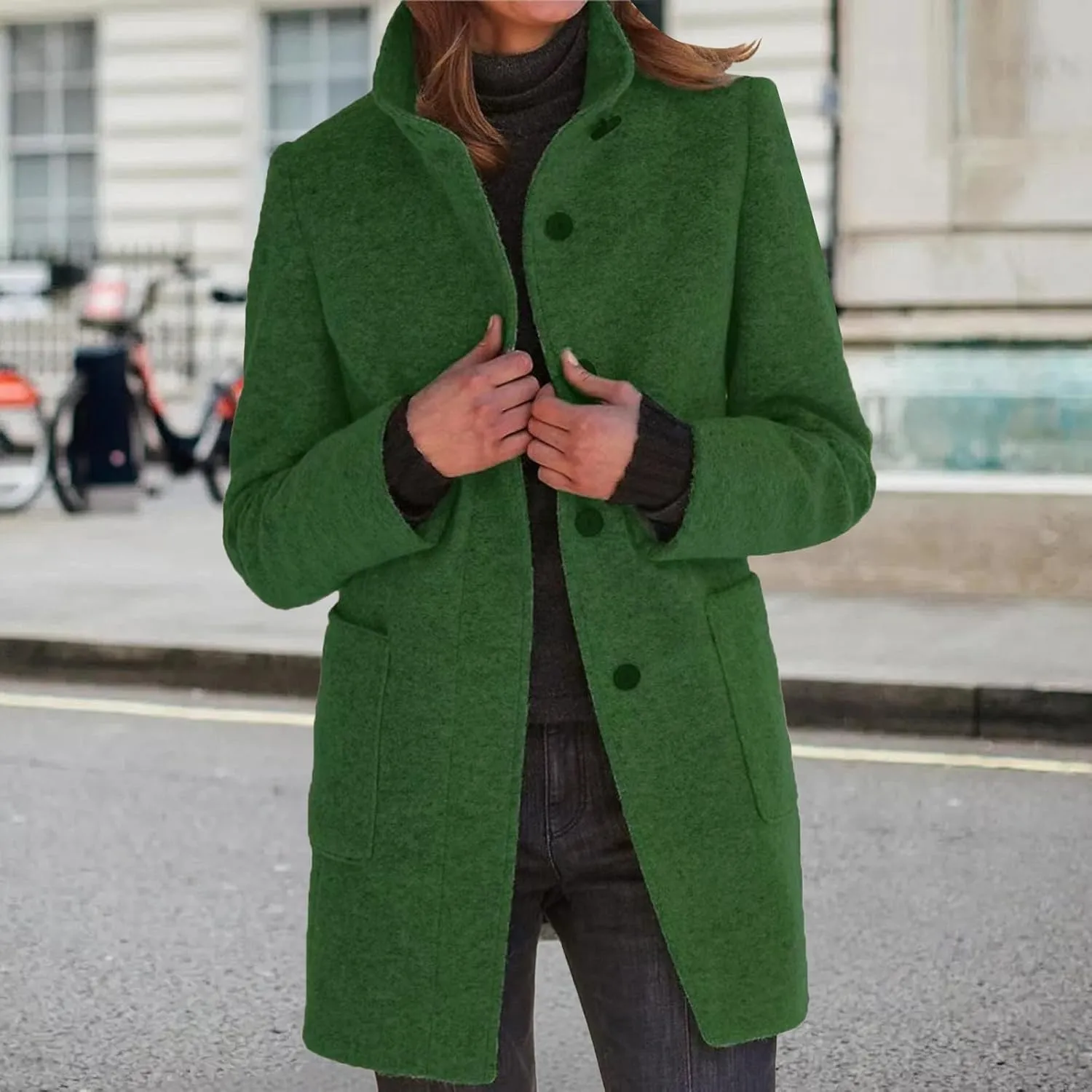 Wool Coats for Women Plus Size Casual Fashion Thicken Stand Collar Single Breasted Winter Jackets with Pockets