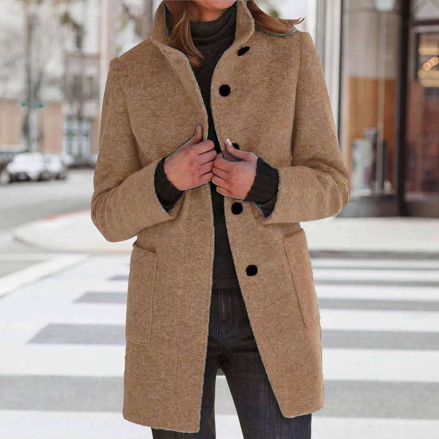 Wool Coats for Women Plus Size Casual Fashion Thicken Stand Collar Single Breasted Winter Jackets with Pockets