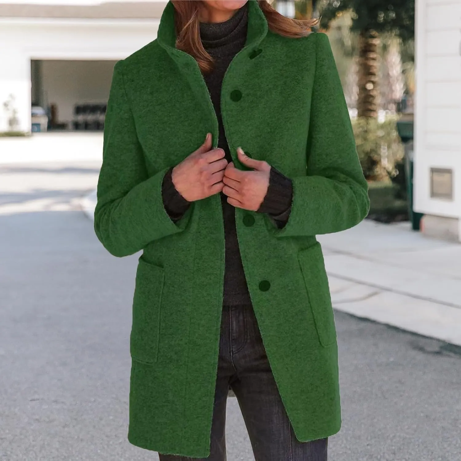 Wool Coats for Women Plus Size Casual Fashion Thicken Stand Collar Single Breasted Winter Jackets with Pockets