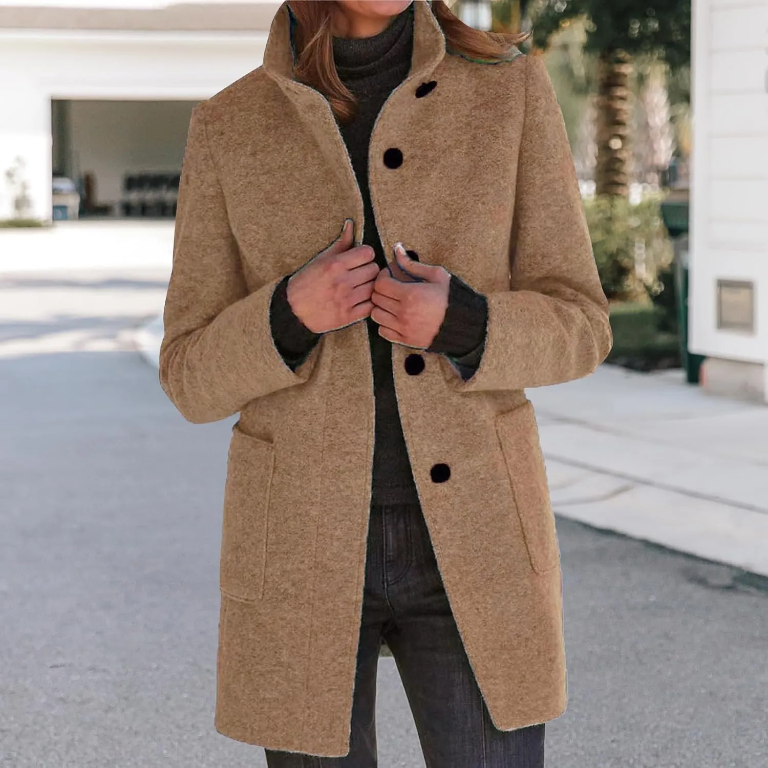 Wool Coats for Women Plus Size Casual Fashion Thicken Stand Collar Single Breasted Winter Jackets with Pockets