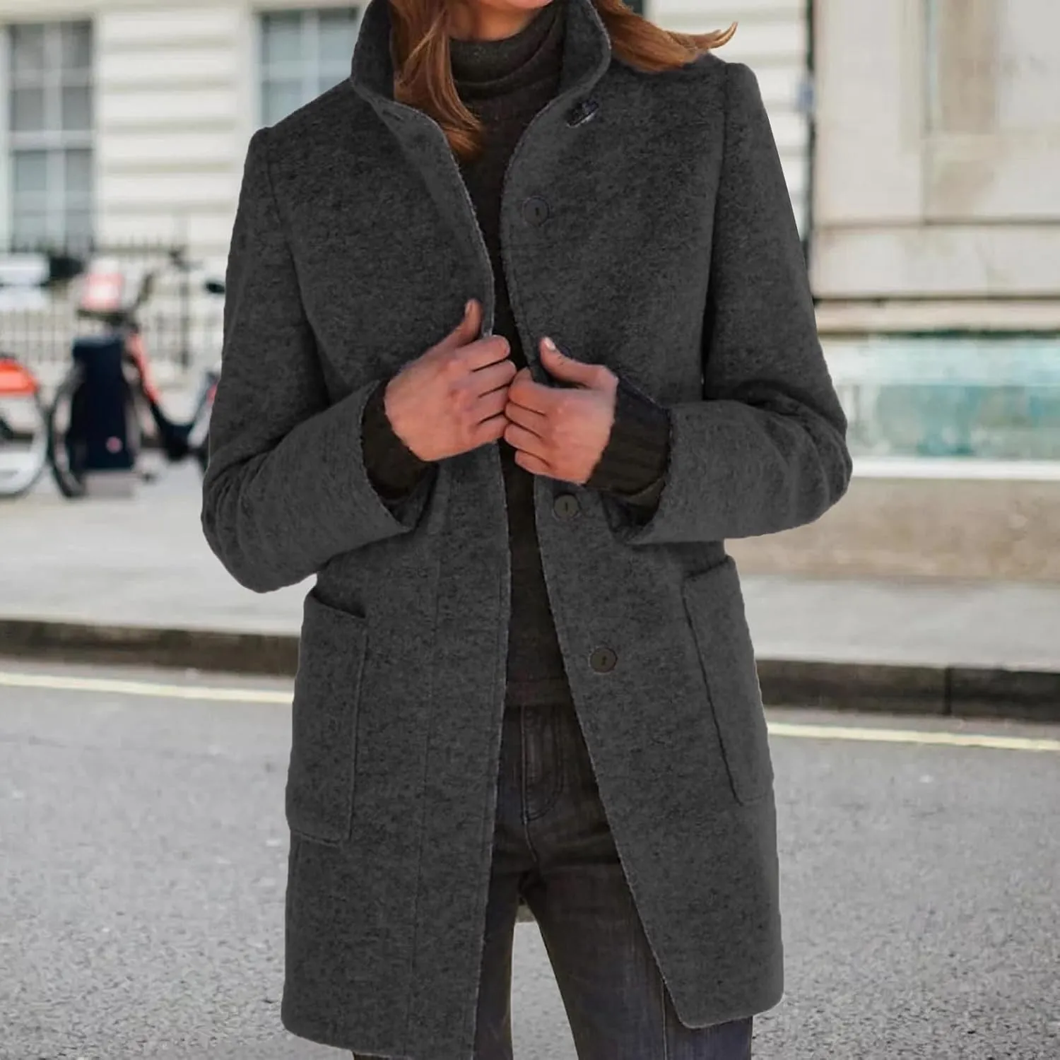 Wool Coats for Women Plus Size Casual Fashion Thicken Stand Collar Single Breasted Winter Jackets with Pockets
