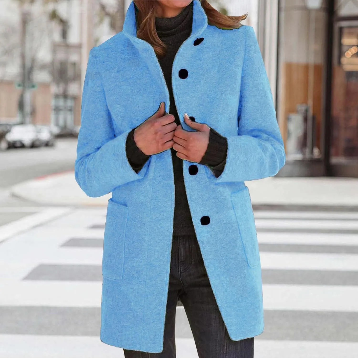 Wool Coats for Women Plus Size Casual Fashion Thicken Stand Collar Single Breasted Winter Jackets with Pockets