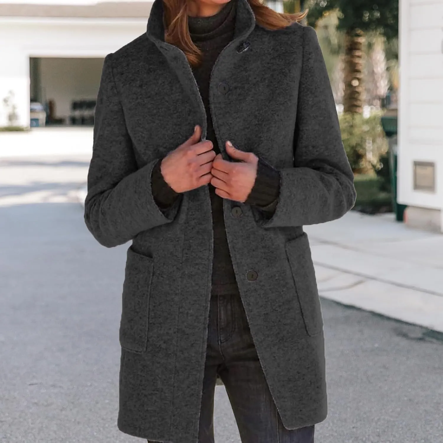 Wool Coats for Women Plus Size Casual Fashion Thicken Stand Collar Single Breasted Winter Jackets with Pockets