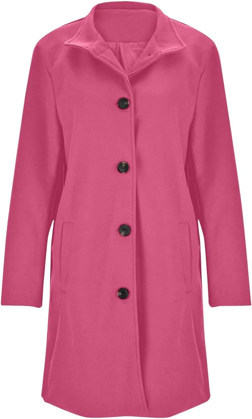 Wool Coats for Women Stand Collar Single Breasted Pea Coats Casual Thicken Fleece Jacket Loose Outerwear with Pocket