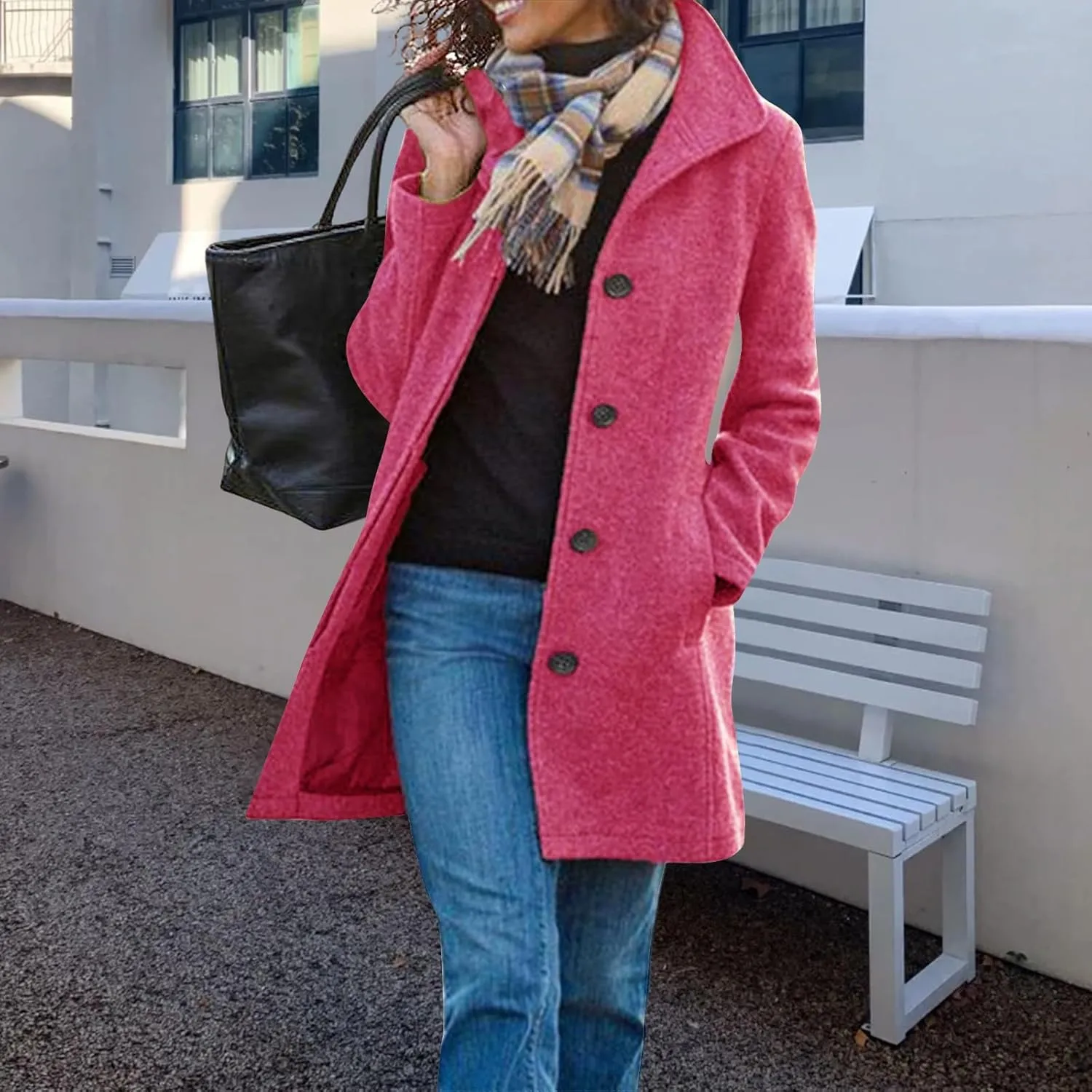 Wool Coats for Women Stand Collar Single Breasted Pea Coats Casual Thicken Fleece Jacket Loose Outerwear with Pocket