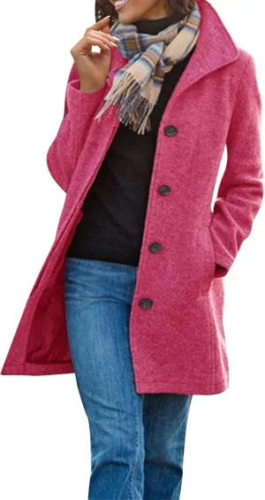Wool Coats for Women Stand Collar Single Breasted Pea Coats Casual Thicken Fleece Jacket Loose Outerwear with Pocket