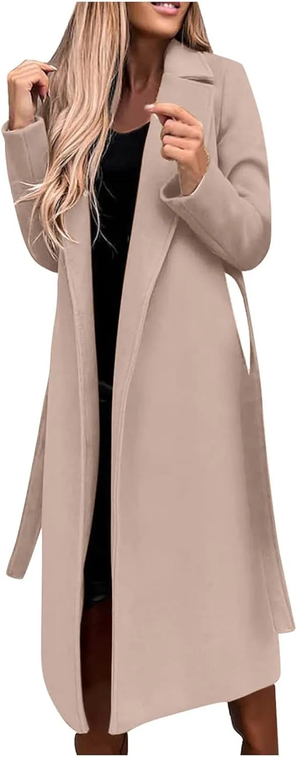 XUNRYAN Trench Coat Women Long Wool-Blend Jackets Slim Fit Winter Fall Casual Blazer Open Front Cardigan Coatigan Overcoat