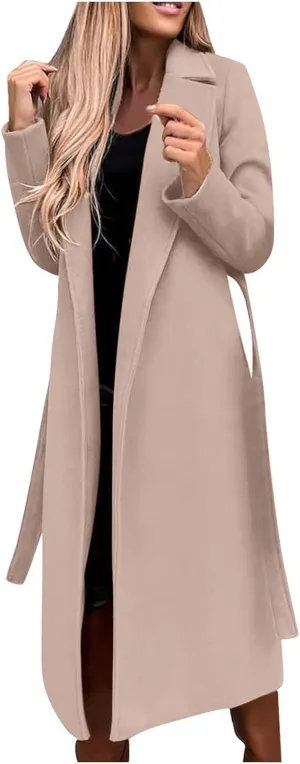 XUNRYAN Trench Coat Women Long Wool-Blend Jackets Slim Fit Winter Fall Casual Blazer Open Front Cardigan Coatigan Overcoat