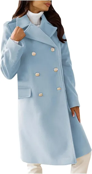 XUNRYAN Womens Long Trench Coat Notch Lapel Wool-Blend Jackets Classic Double Breasted Peacoat Outwear 2024 Fashion Clothes