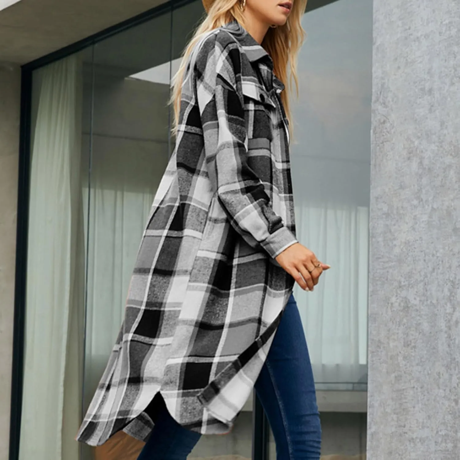 XUNRYAN Women's Trench Coat Long Plaid Shacket Jackets Wool-Blend Blazer Casual Overcoat Outerwear Fashion Clothes Outfit