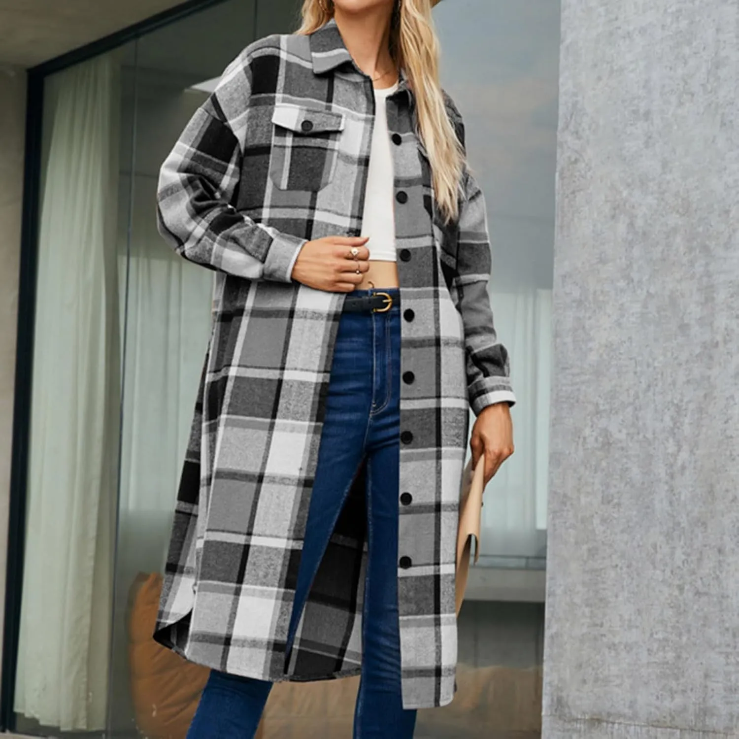 XUNRYAN Women's Trench Coat Long Plaid Shacket Jackets Wool-Blend Blazer Casual Overcoat Outerwear Fashion Clothes Outfit