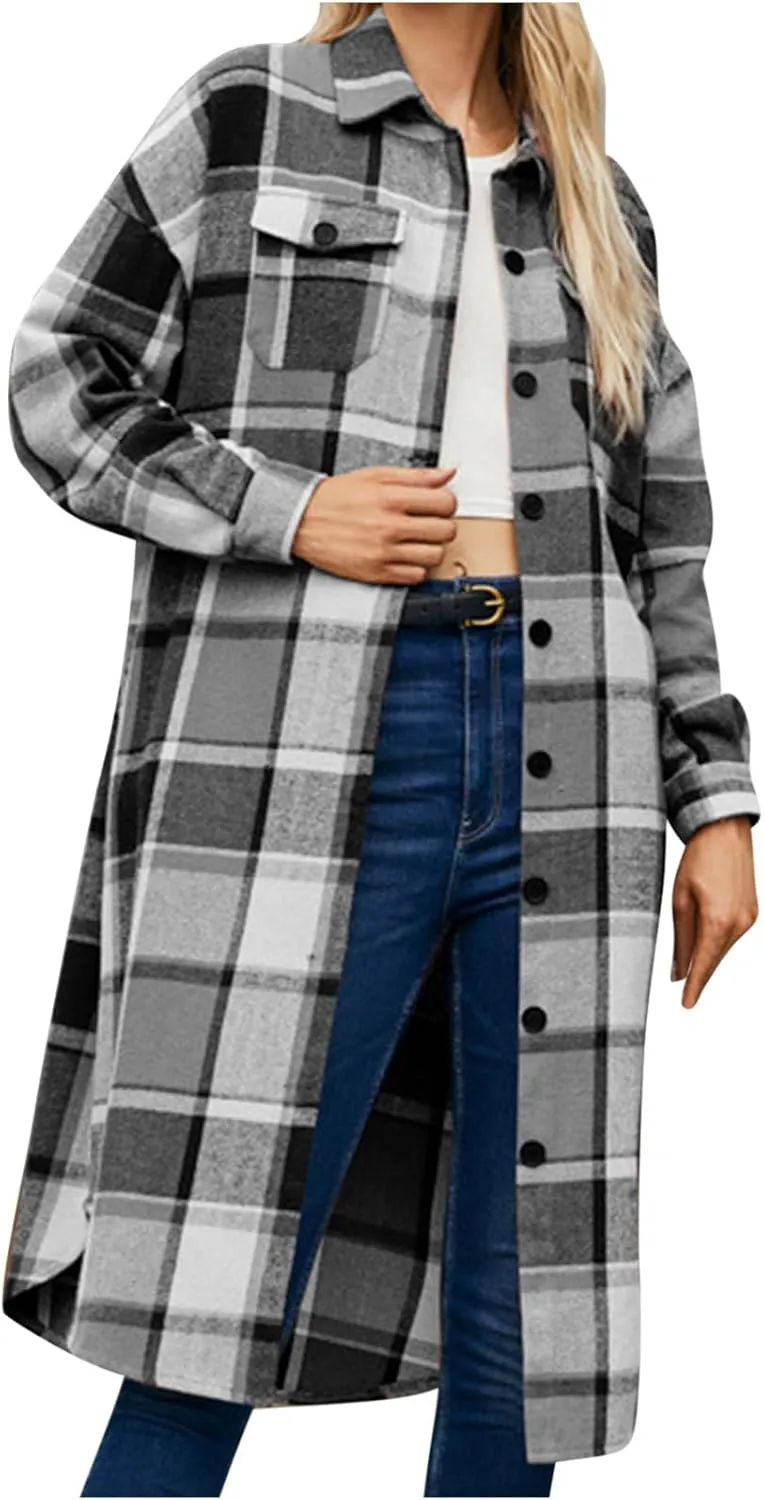 XUNRYAN Women's Trench Coat Long Plaid Shacket Jackets Wool-Blend Blazer Casual Overcoat Outerwear Fashion Clothes Outfit