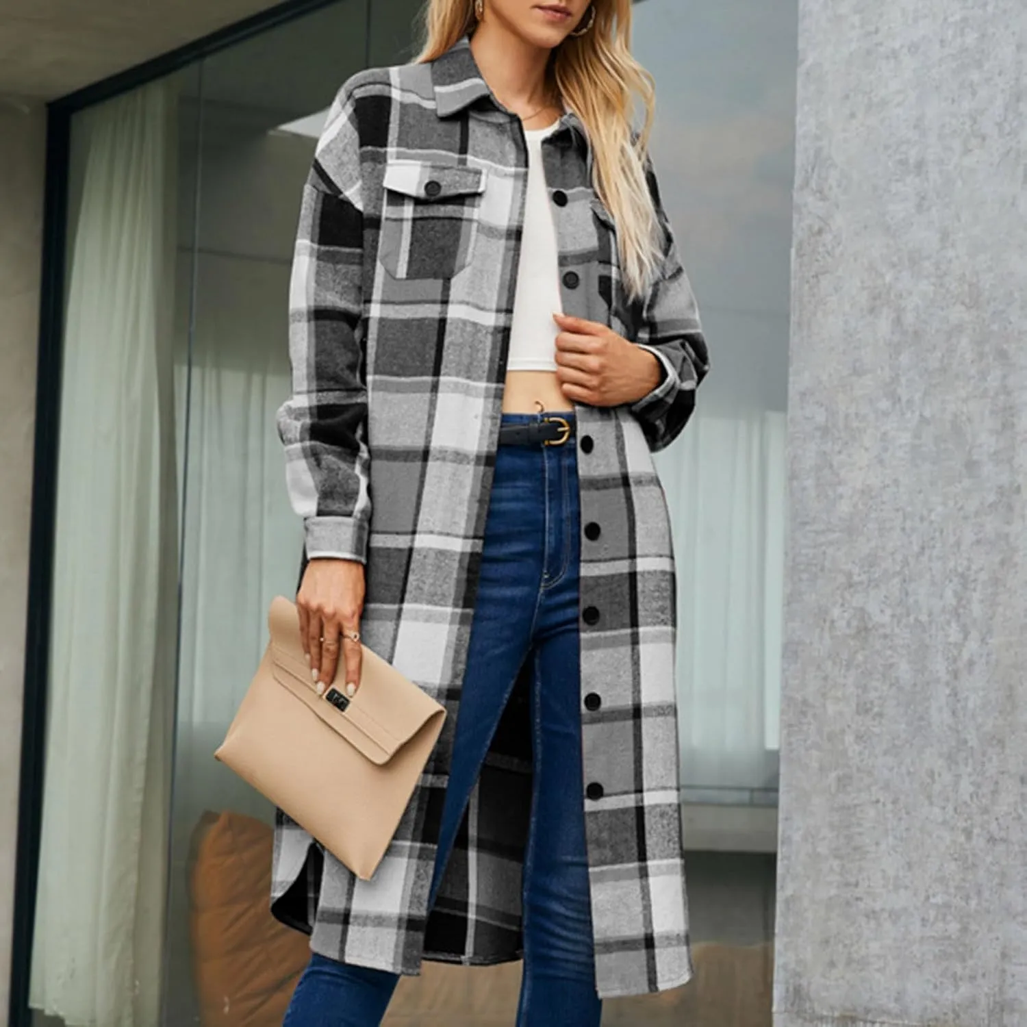 XUNRYAN Women's Trench Coat Long Plaid Shacket Jackets Wool-Blend Blazer Casual Overcoat Outerwear Fashion Clothes Outfit