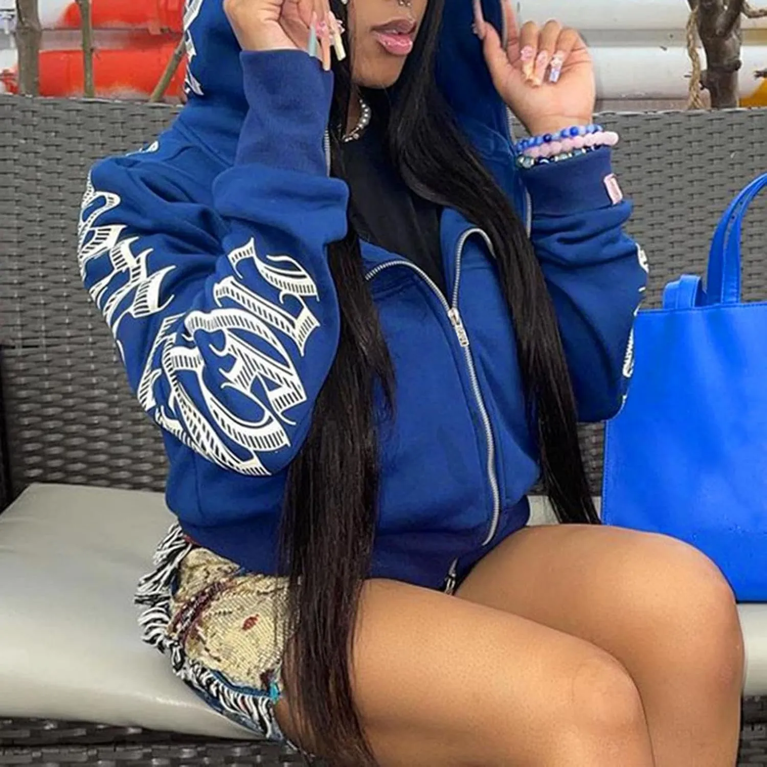 Y2K Hoodies for Women Full Zip Up Print Graphic Oversized Pockets Hooded Jacket 90s Long Sleeve Sweatshirt Casual Punk Drop