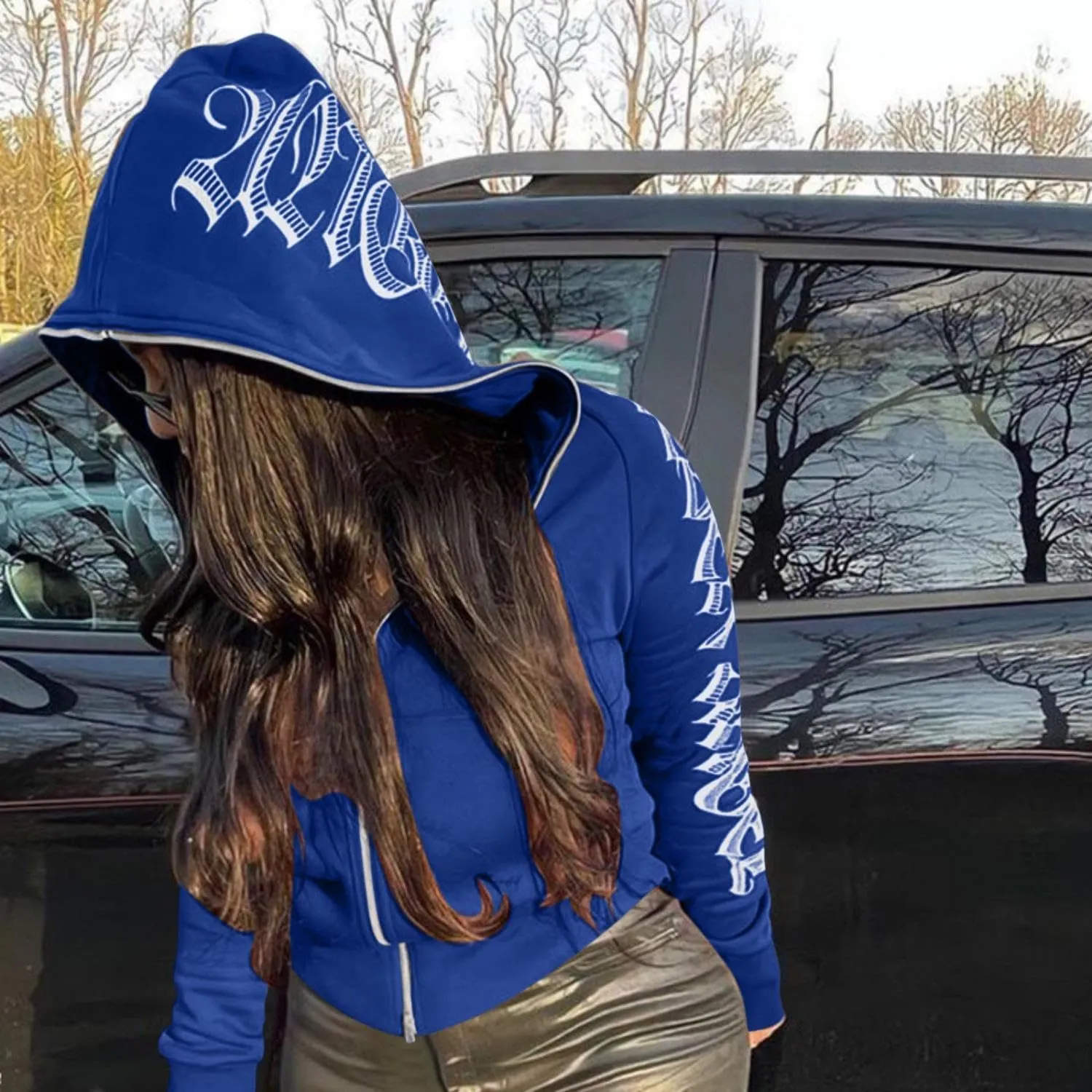 Y2K Hoodies for Women Full Zip Up Print Graphic Oversized Pockets Hooded Jacket 90s Long Sleeve Sweatshirt Casual Punk Drop