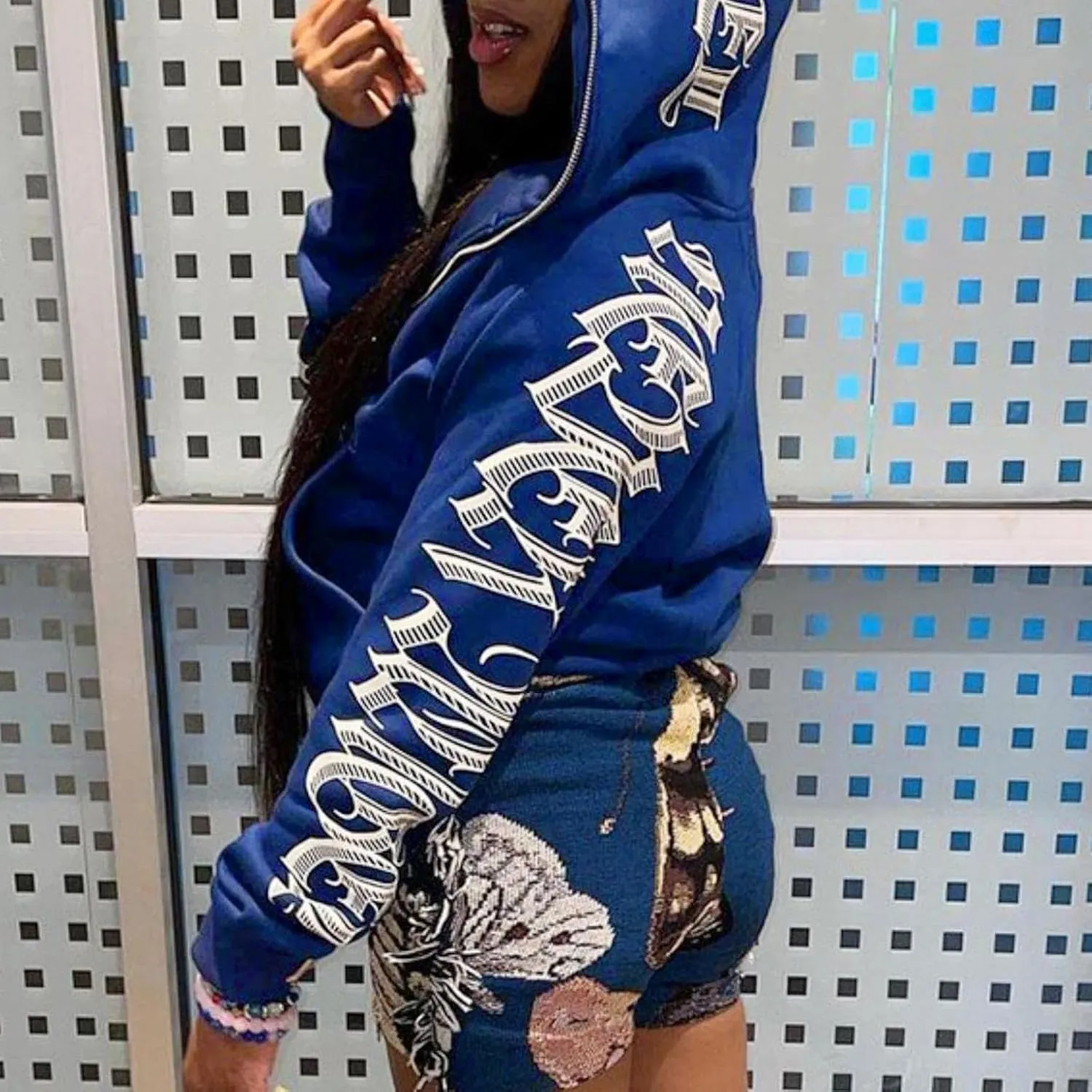 Y2K Hoodies for Women Full Zip Up Print Graphic Oversized Pockets Hooded Jacket 90s Long Sleeve Sweatshirt Casual Punk Drop