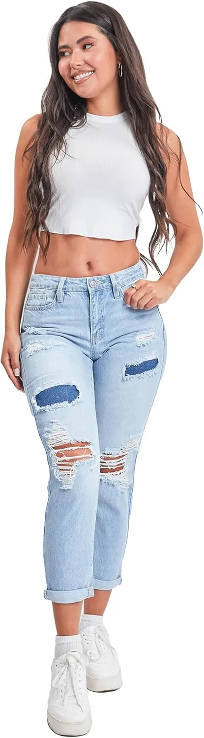 YMI Women's Junior Hybrid Dream Easy Fit Boyfriend Jean with Rolled Cuffed Ankle