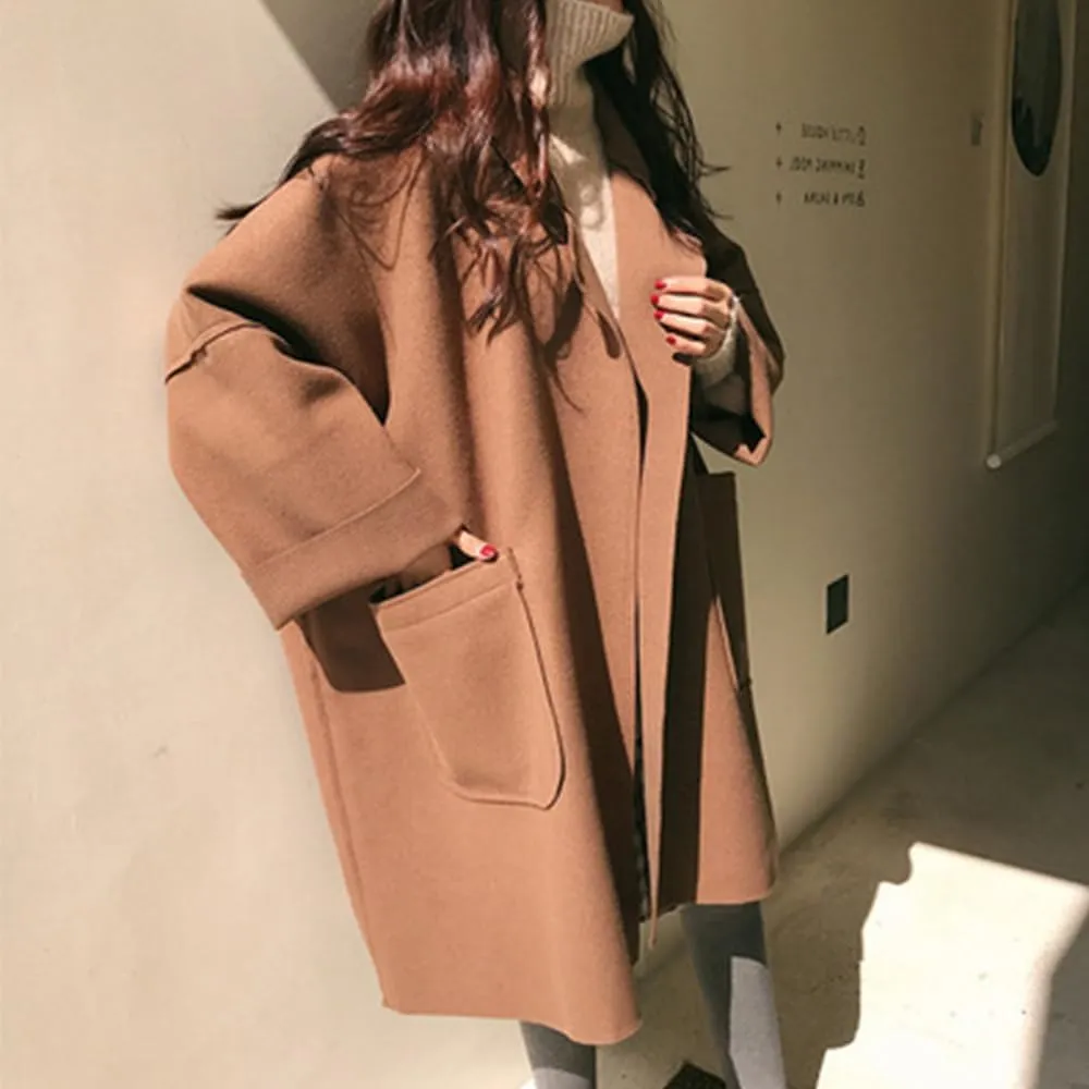 yoeasy Women's Notched Lapel Wool Blend Coats Loose Mid Long Jackets With Pockets