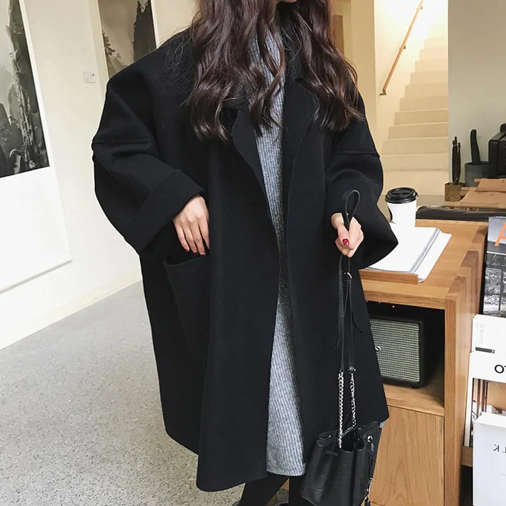yoeasy Women's Notched Lapel Wool Blend Coats Loose Mid Long Jackets With Pockets