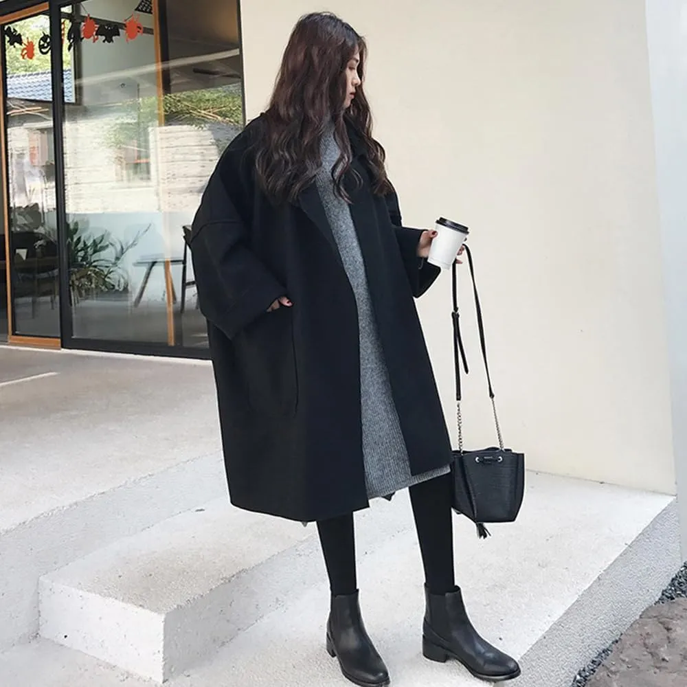 yoeasy Women's Notched Lapel Wool Blend Coats Loose Mid Long Jackets With Pockets