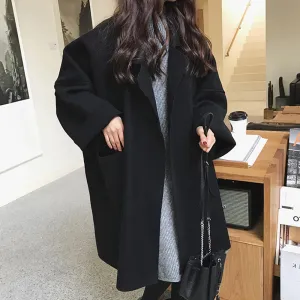 yoeasy Women's Notched Lapel Wool Blend Coats Loose Mid Long Jackets With Pockets