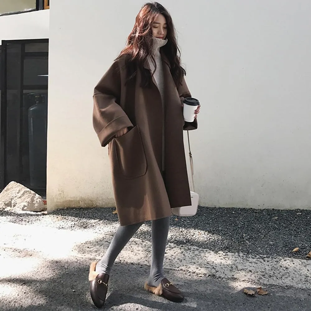 yoeasy Women's Notched Lapel Wool Blend Coats Loose Mid Long Jackets With Pockets