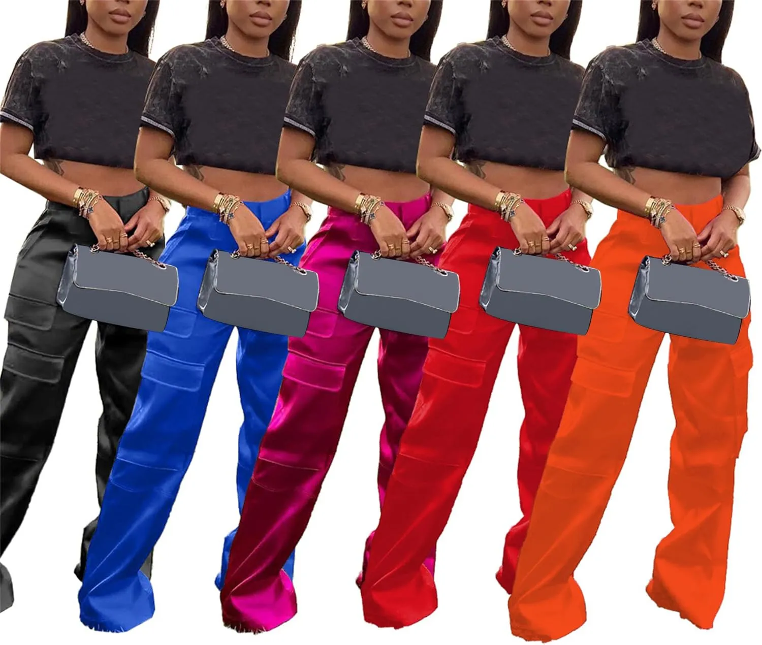 YOOTIKO Womens Satin Cargo Pants Y2K High Waisted Straight Wide Leg Trousers with Pockets Streetwear