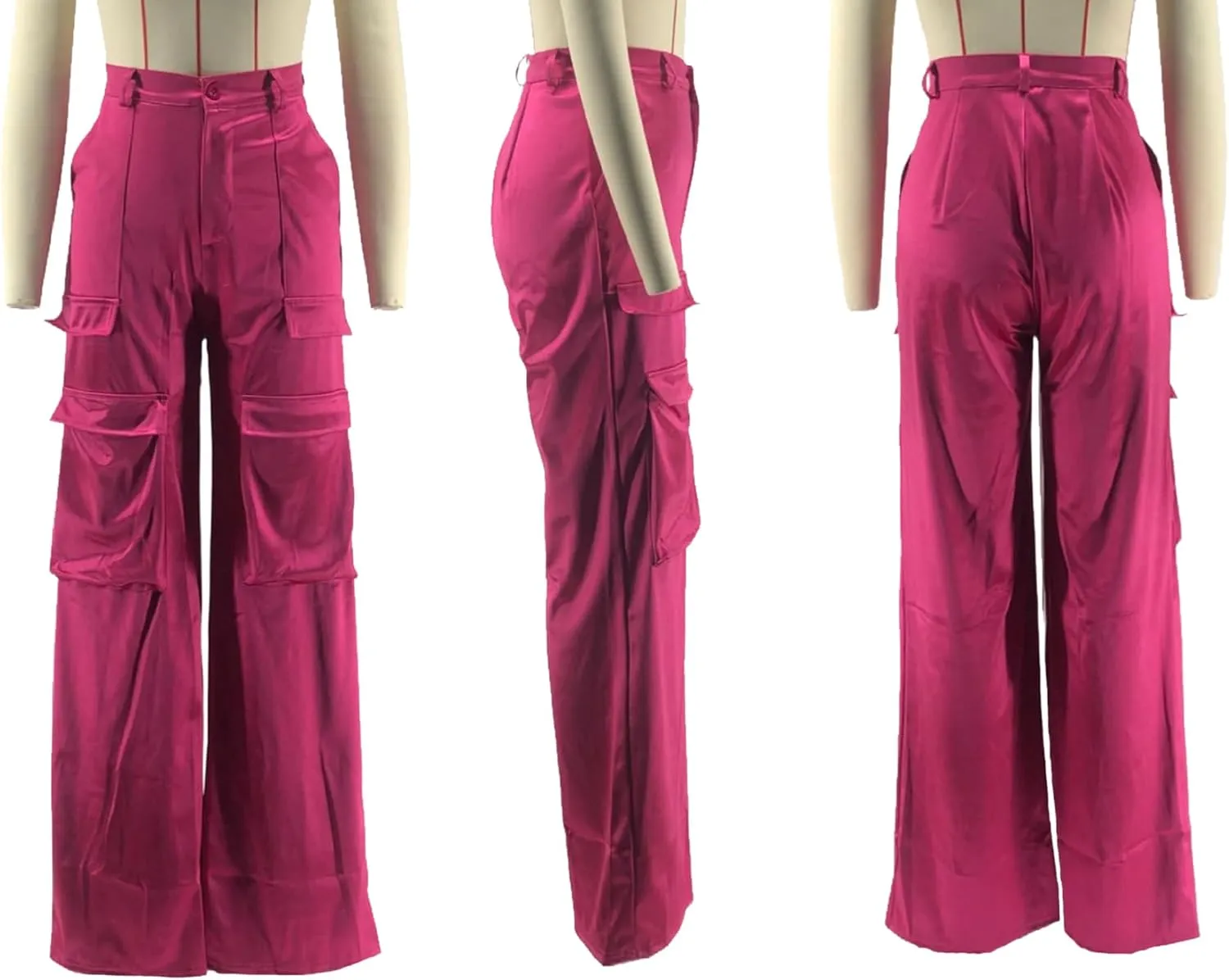 YOOTIKO Womens Satin Cargo Pants Y2K High Waisted Straight Wide Leg Trousers with Pockets Streetwear