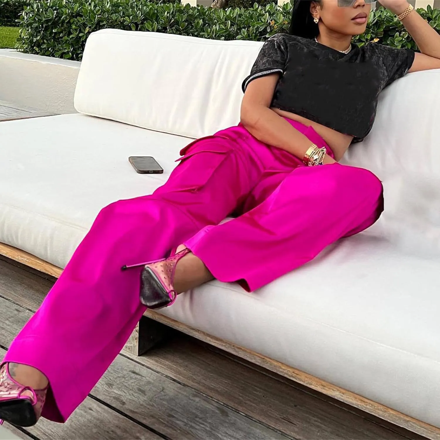YOOTIKO Womens Satin Cargo Pants Y2K High Waisted Straight Wide Leg Trousers with Pockets Streetwear