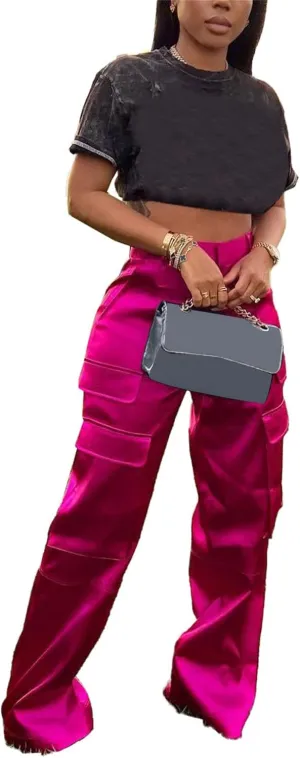 YOOTIKO Womens Satin Cargo Pants Y2K High Waisted Straight Wide Leg Trousers with Pockets Streetwear