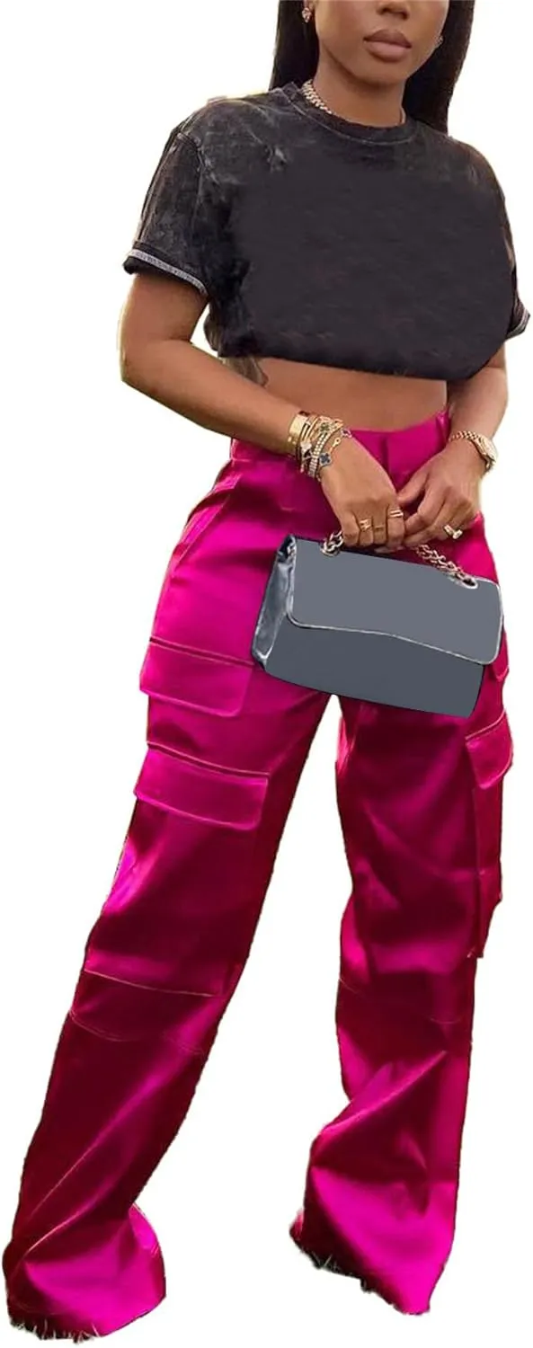 YOOTIKO Womens Satin Cargo Pants Y2K High Waisted Straight Wide Leg Trousers with Pockets Streetwear